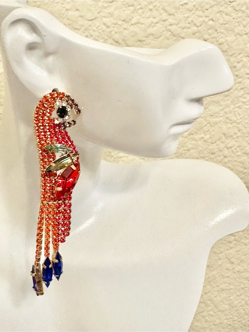 Parrot Drop Earrings - Red, Orange & Blue Rhinestones